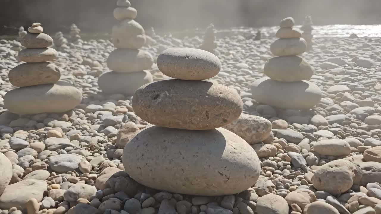 Zen stenstaplar balanserar på en stenstrand