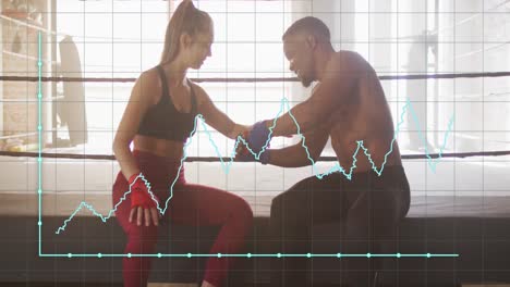 Animation-of-data-processing-over-diverse-man-and-woman-exercising-in-boxing-gym