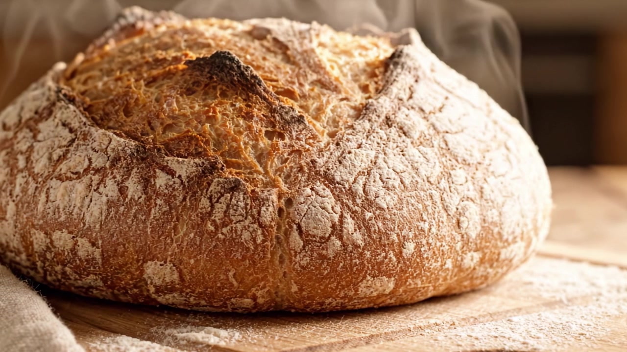 Golden-Brown Crusty Artisan Bread Freshly Baked and Ready to Savor, Surrounded by Warm Steam and a Rustic Wooden Surface that Enhances Its Culinary Appeal