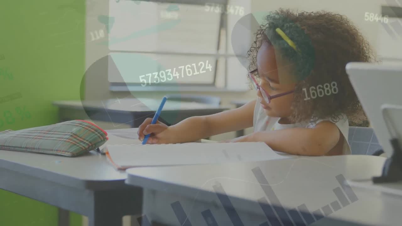 Animation of data processing over african american schoolgirl learning