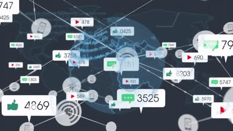 Animation-of-network-of-connections-with-icons-over-globe-and-world-map-with-data-processing