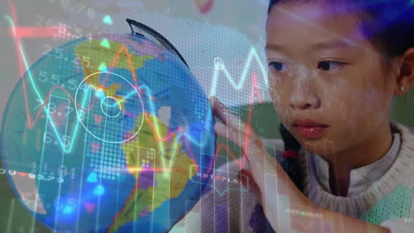 animation of data processing over schoolgirl looking at globe in class