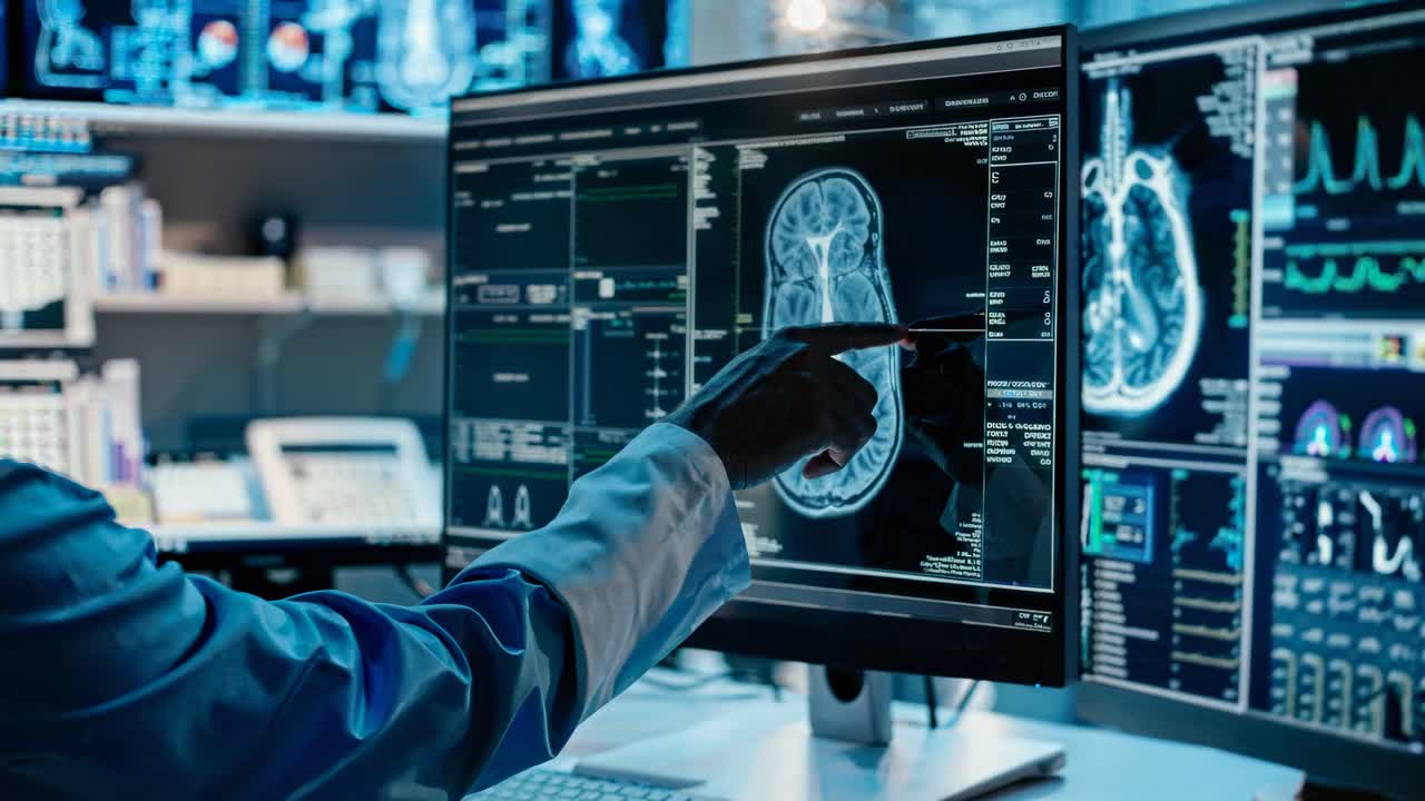 Un angolo ravvicinato cattura un medico che analizza le scansioni cerebrali su più monitor in un laboratorio high-tech
