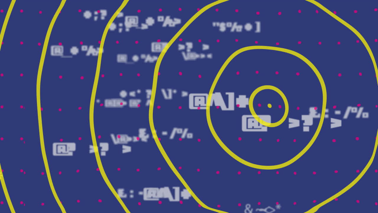 분홍색 점 위에 노란색 원의 애니메이션과 파란색 배경의 데이터 처리