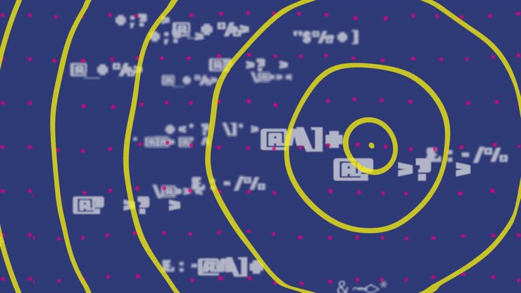 Animation of yellow circles over pink dots and data processing on blue background