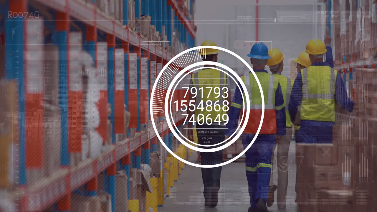 animación de cerraduras y procesamiento de datos sobre diversos trabajadores que caminan en el almacén.