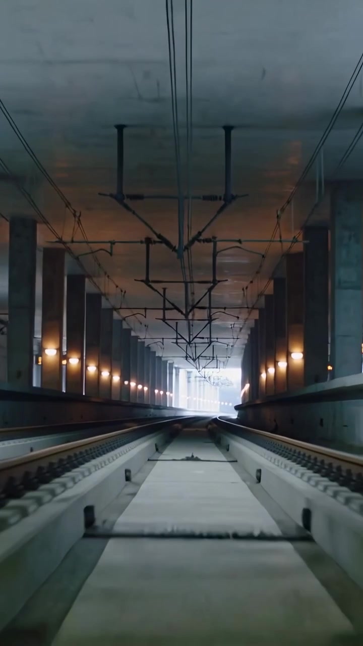 Video verticale: Inizia in basso, la telecamera segue in un sottopassaggio lungo i binari e il passaggio pedonale, mostrando l'uscita.