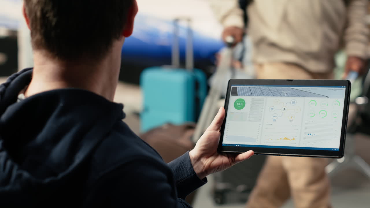 Man Monitoring Smart Home Solar Energy System on Tablet at Airport