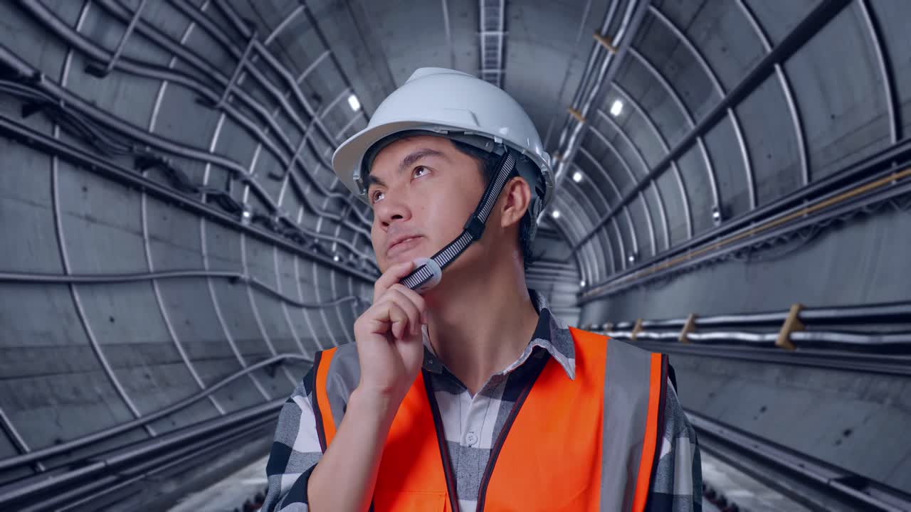 Close Up Of Asian Male Engineer With Safety Helmet Thinking About Something And Looking Around While Standing In Underground Subway Tunnel