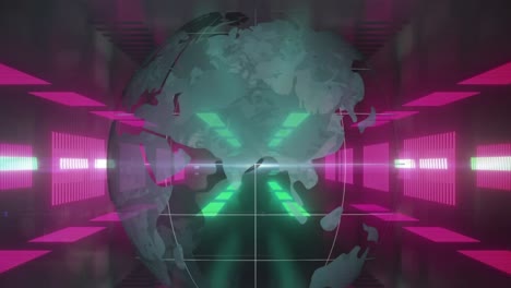 Digitale-Animation-Eines-Sich-Drehenden-Globus-Vor-Einem-Neontunnel-In-Nahtlosem-Muster