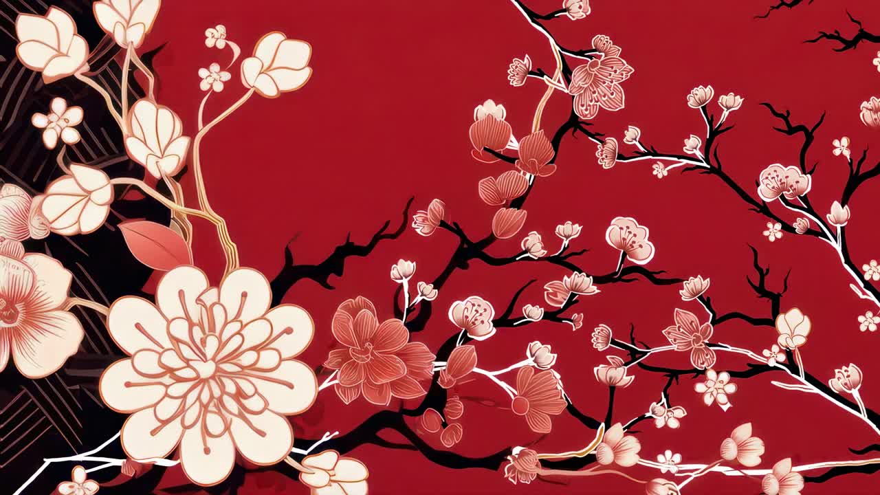 Concetto video elegante con fiori di ciliegio su uno sfondo rosso intenso.