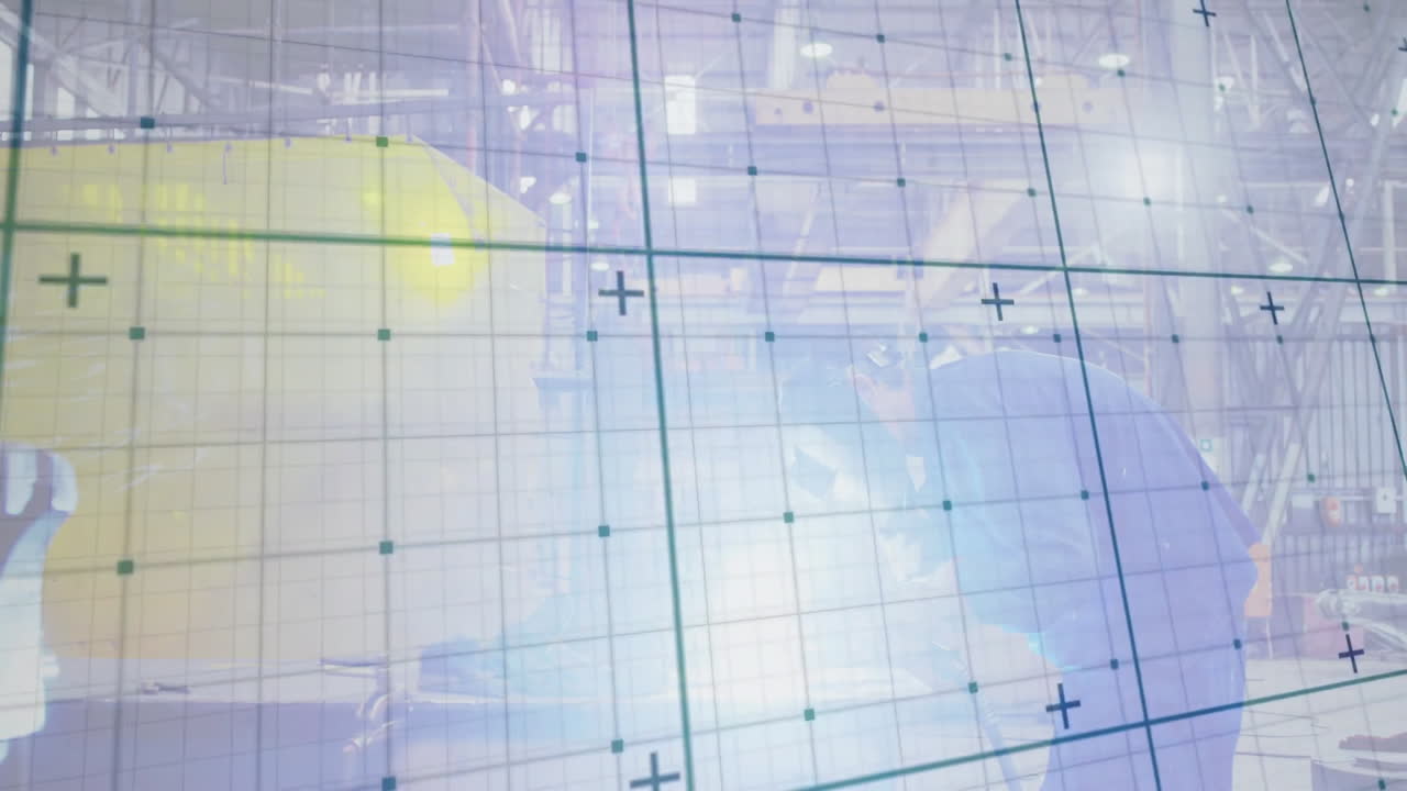 Welder leaning over metal workpiece inside industrial workshop, displaying animated grid marks
