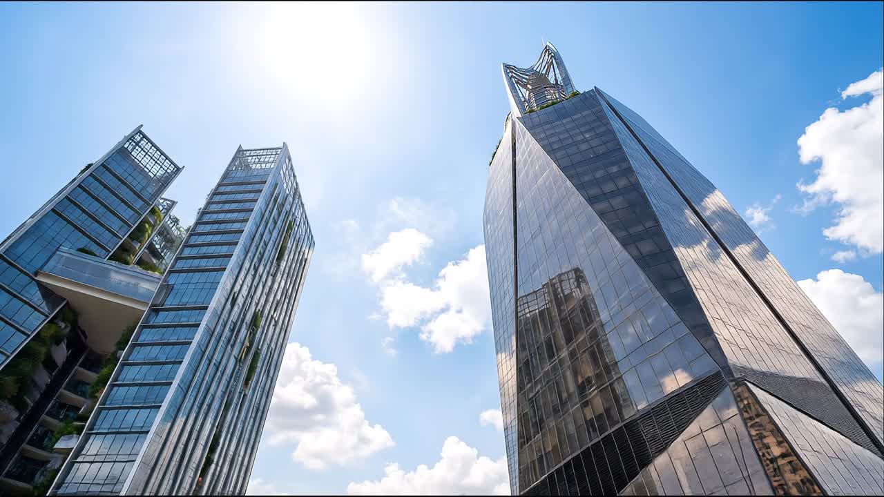 Panoramica verso l'alto di moderni grattacieli di vetro contro un cielo blu.