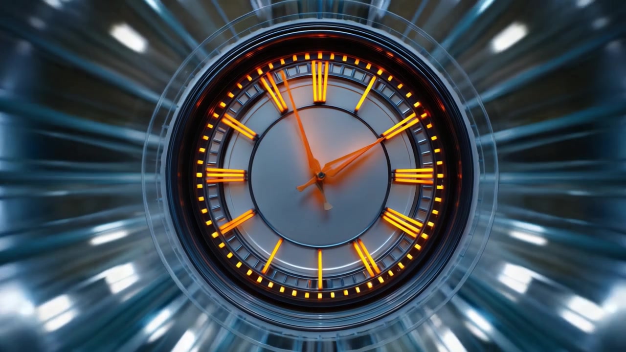 Modern Clock Displaying Time with Orange and Blue Aesthetic, Round Shape, and Radiating Visuals in Motion Within a Unique Futuristic Environment