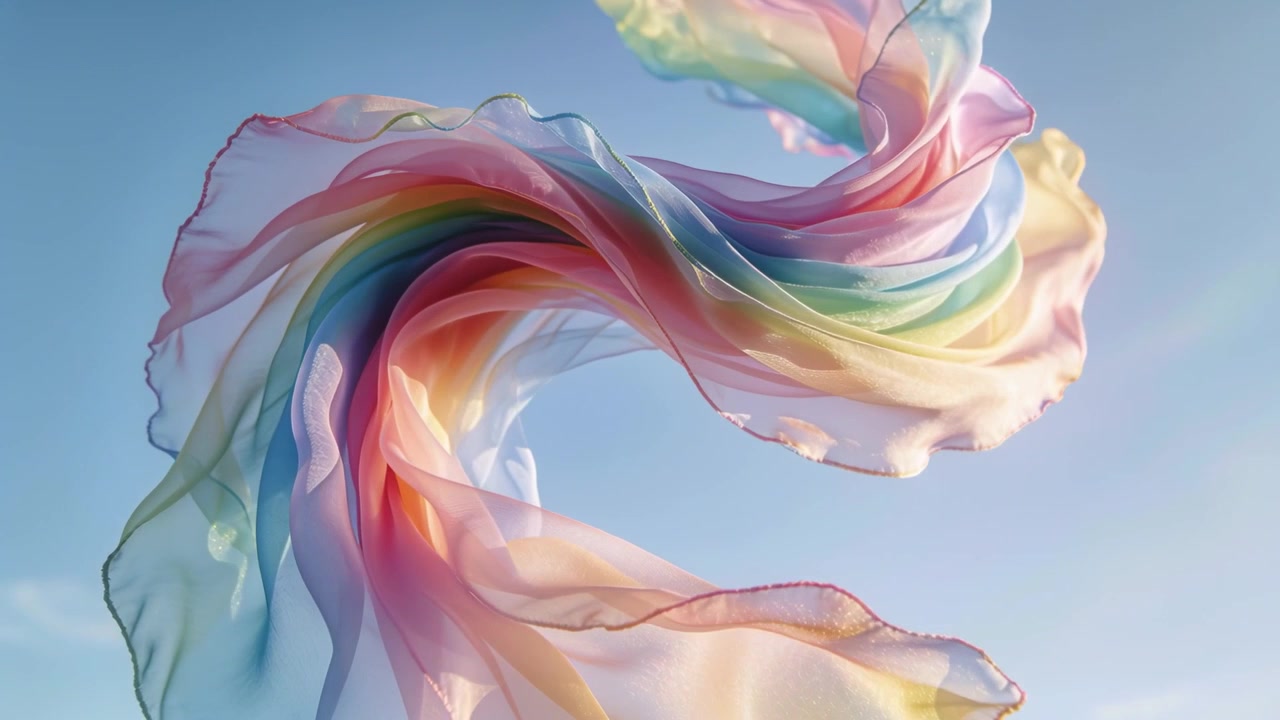 Un nastro arcobaleno trasparente a spirale si srotola mentre la brezza lo solleva nel cielo blu, con il sole che retroillumina il bordo dorato.