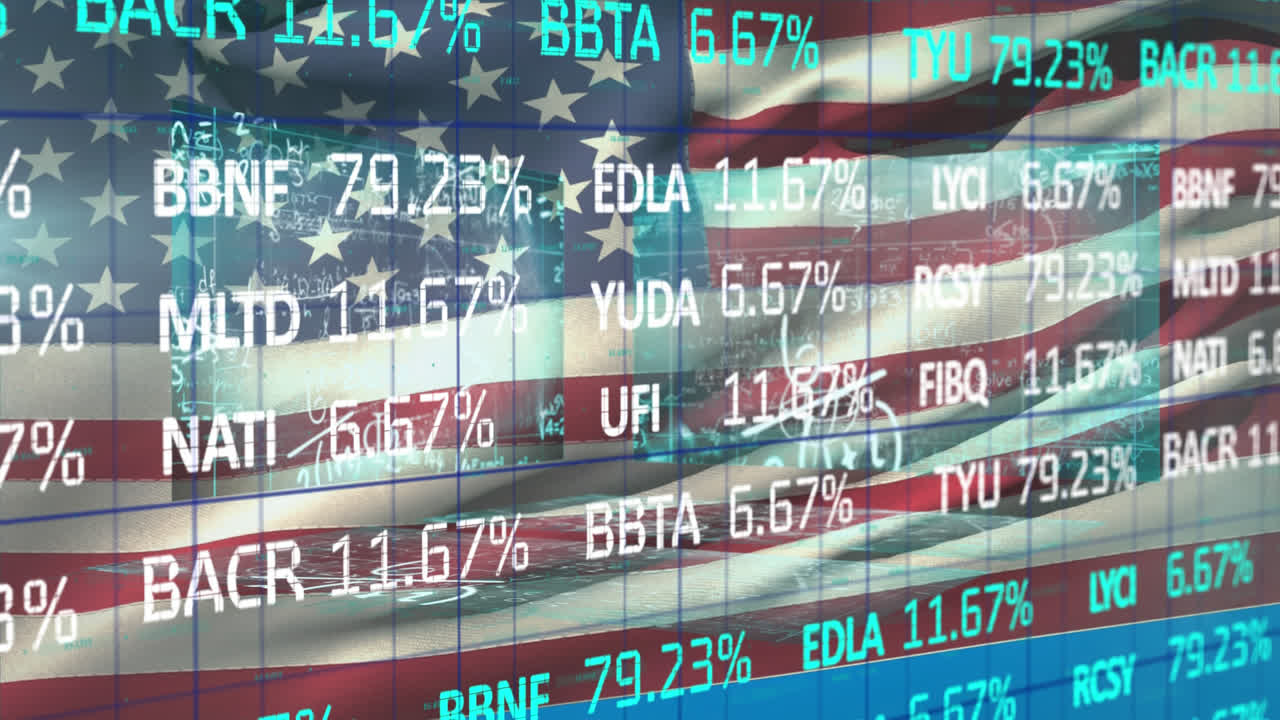 Aktiemarkedsdata, der behandles mod det amerikanske nationalflag
