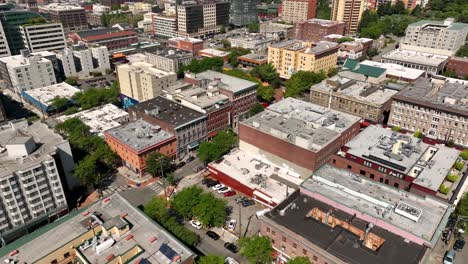 Drone shot of Seattle&#039;s Chinatown on a sunny day