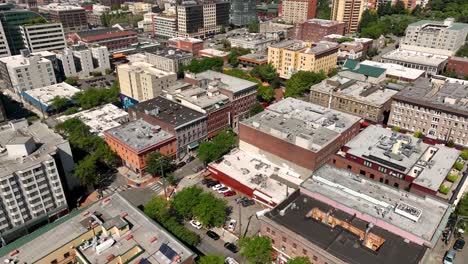 drone shot of seattle's chinatown on a sunny day