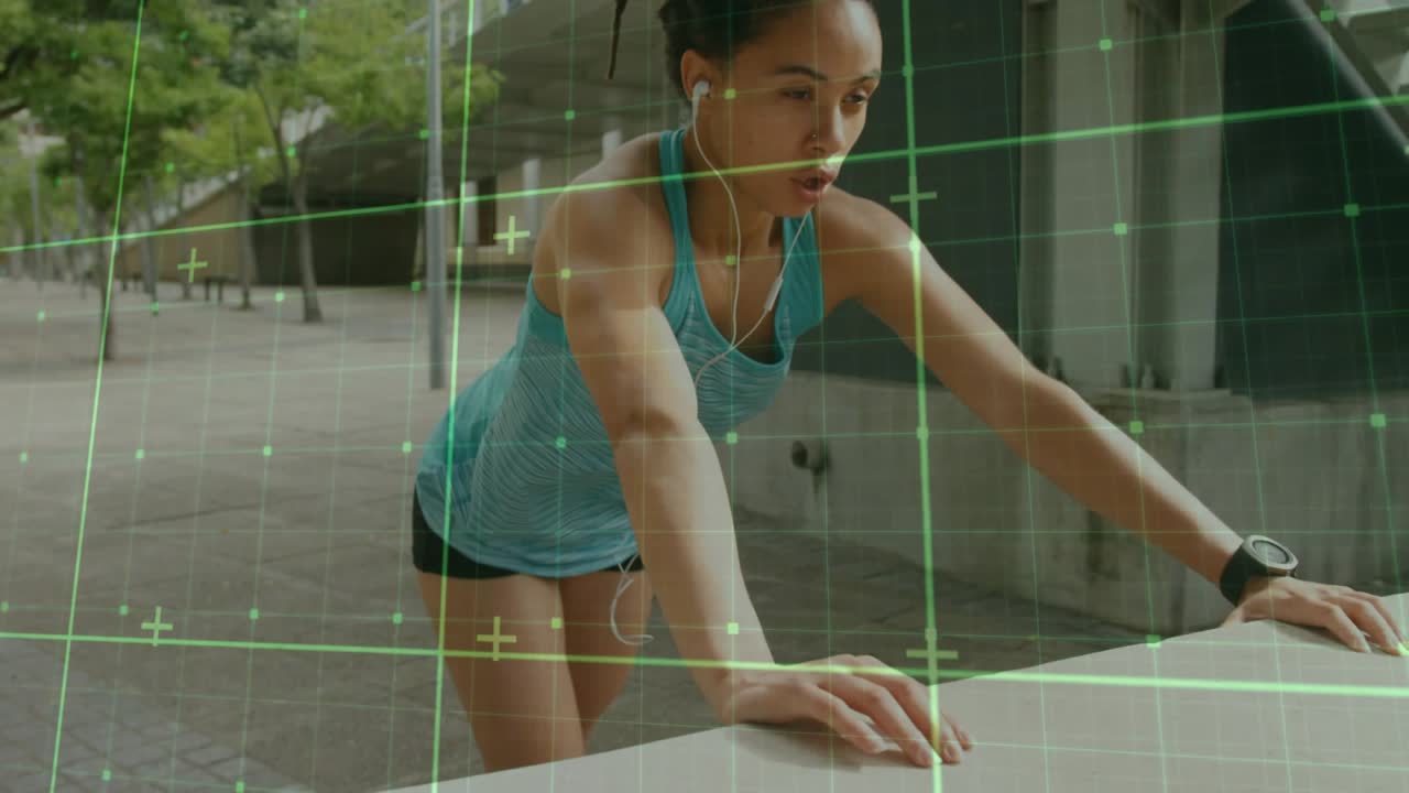 Woman planting hands on ledge, shifting weight back, deepening stretch for fitness with green HUD