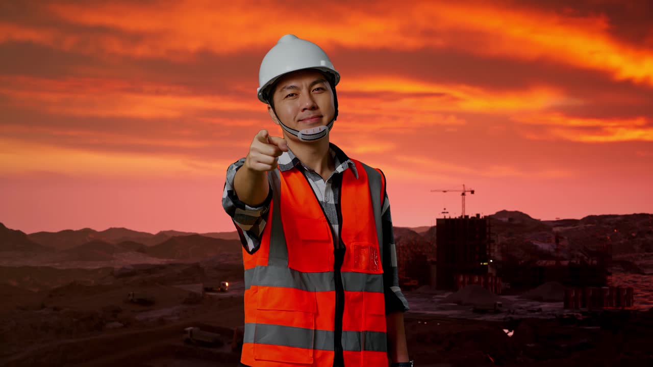 ingeniero masculino asiático con casco de seguridad sonriendo y tocando su pecho luego apuntando a usted mientras está de pie en el sitio de construcción, maquinaria de minería