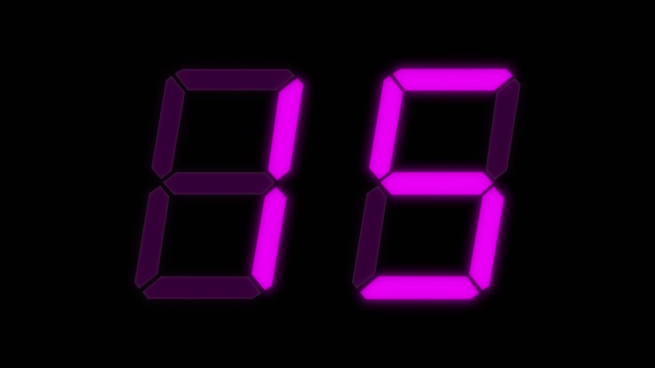 Magenta digital clockface with 2 large digits. 30 seconds digital countdown timer. Glowing purple digits on black. Retro digital alarm clock animation element, clean digital clock on black background