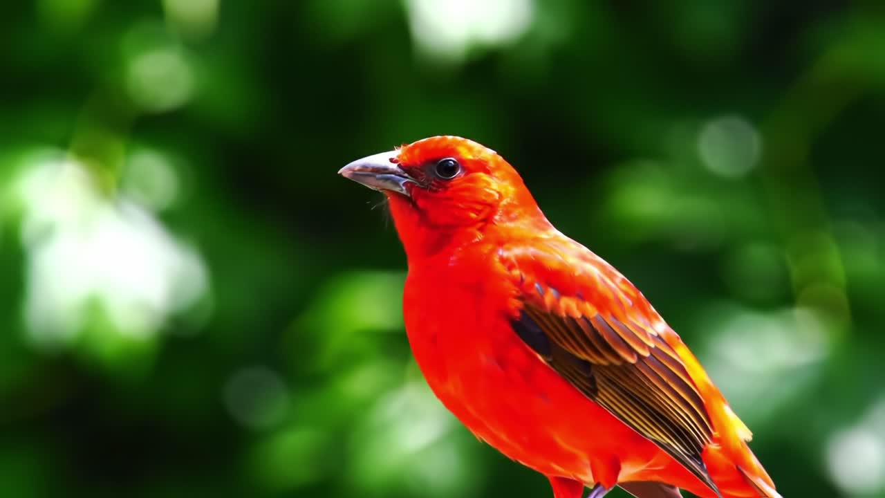 Captivating Red Bird Posing Elegantly Amidst a Lush Green Background – A Stunning Display of Nature's Vibrant Colors and Graceful Beauty