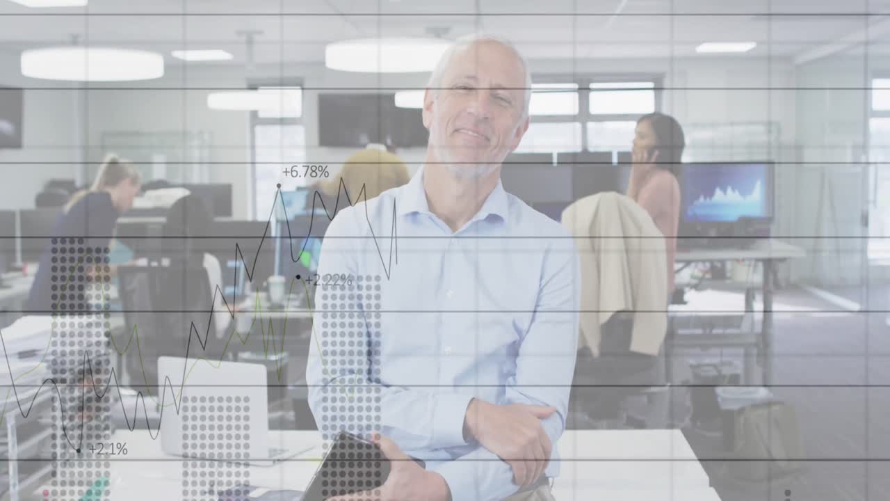 animación de la interfaz digital que muestra las estadísticas con diversos colegas que trabajan juntos en un