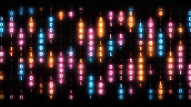 Numeri multicolore luminosi che rappresentano un codice binario che scorre ininterrottamente. Concetto di flusso di dati digitali che mostra l'elaborazione delle informazioni, i big data, l'hacking e l'informatica