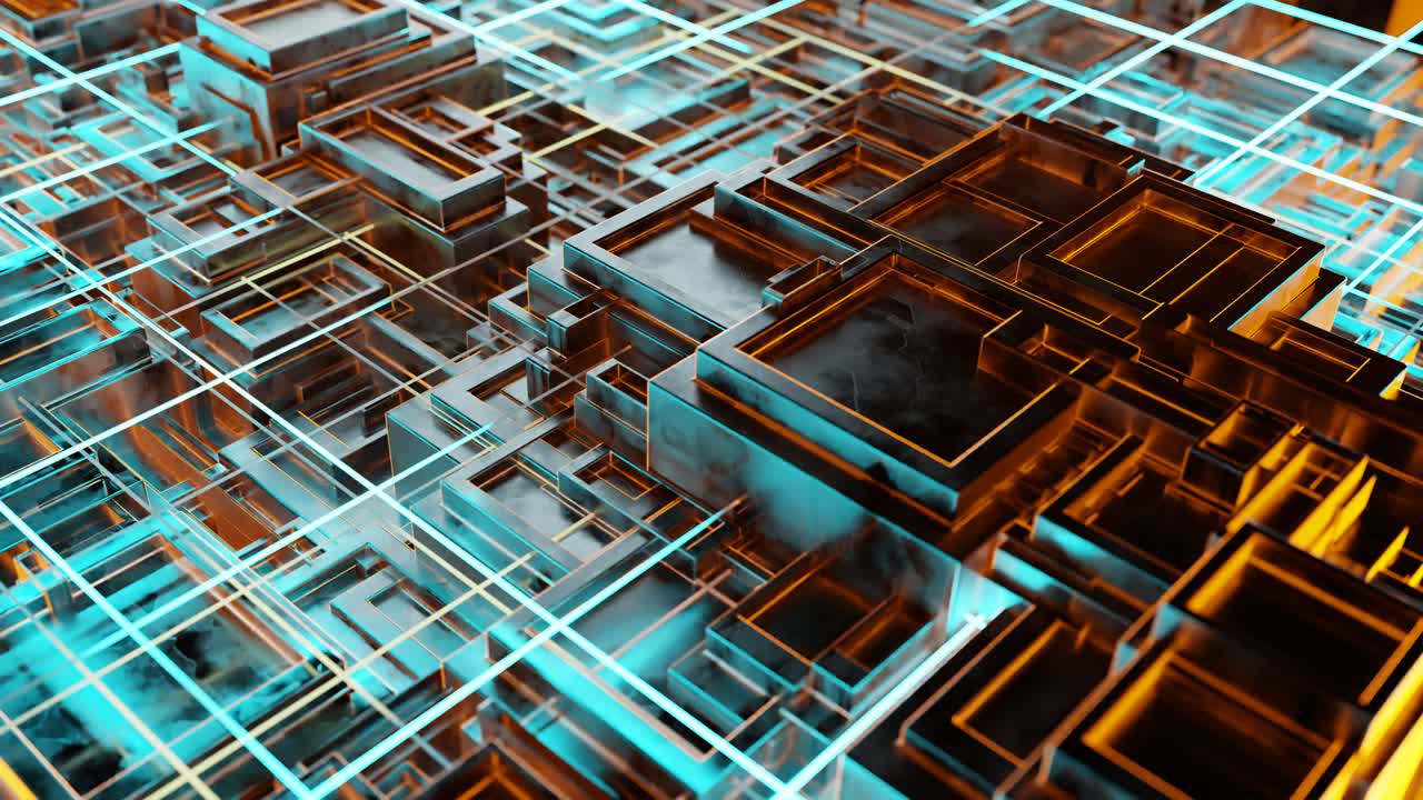 fondo de tecnología científica, formas metálicas futuristas de ciencia ficción y luces brillantes. fondo de tecnología abstracta. animación de renderización 3d