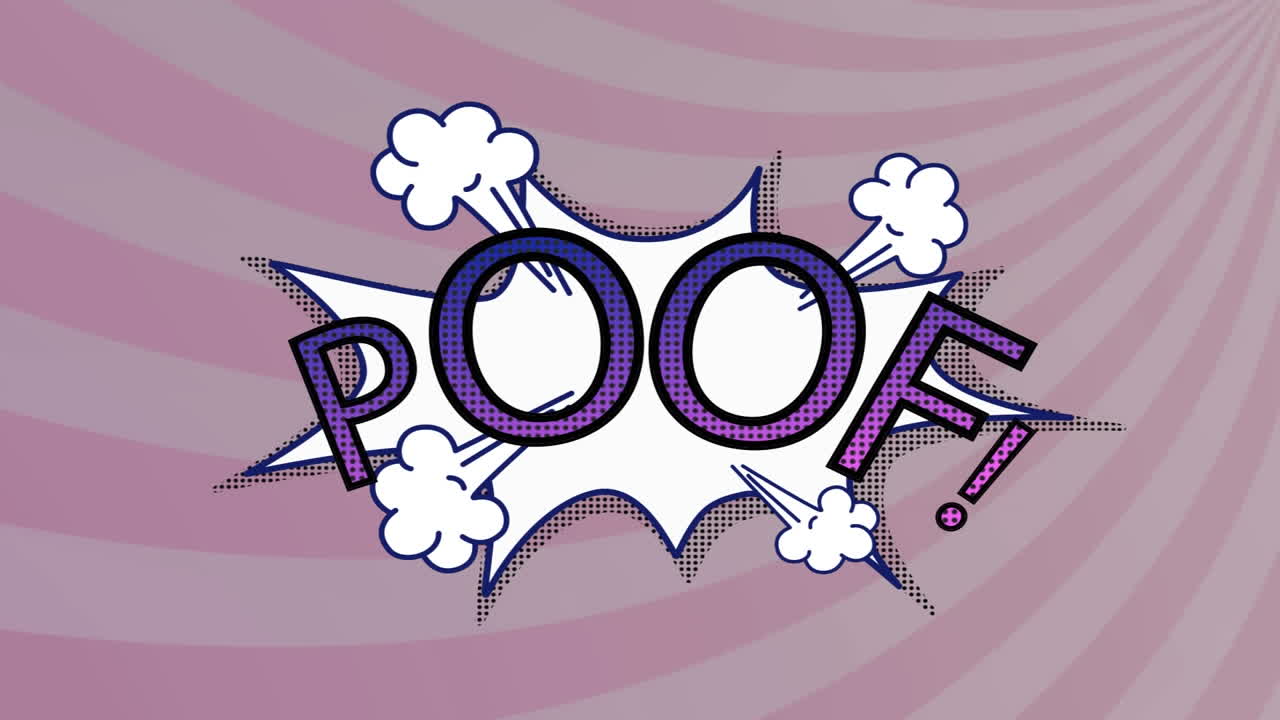 animación de una burbuja de habla de dibujos animados vintage con poof! texto en fondo a rayas púrpuras