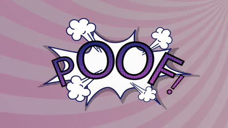 animación de una burbuja de habla de dibujos animados vintage con poof! texto en fondo a rayas púrpuras