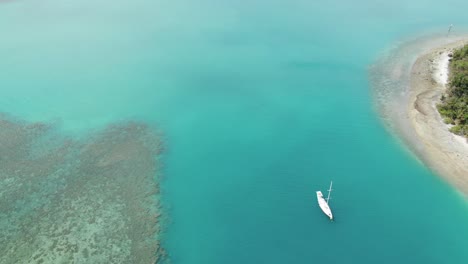 Aerial-drone-view-over-yacht-boat-sailing-on-turquoise-ocean-water-of-Whitsundays-islands-at-Shute-Harbour-in-Queensland,-Australia