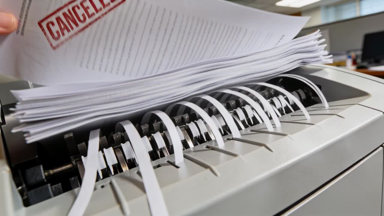 Motor starting shredder pulling large CANCELED paper stack in office cutting strips destroying docs