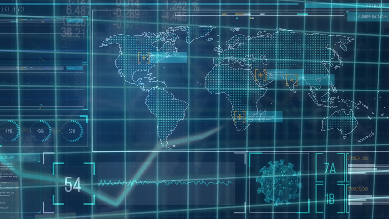 Animation of a grid with a graph over a world map with statistics