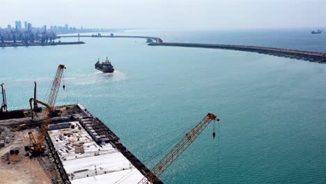 aerial view of dredging operations in a harbor