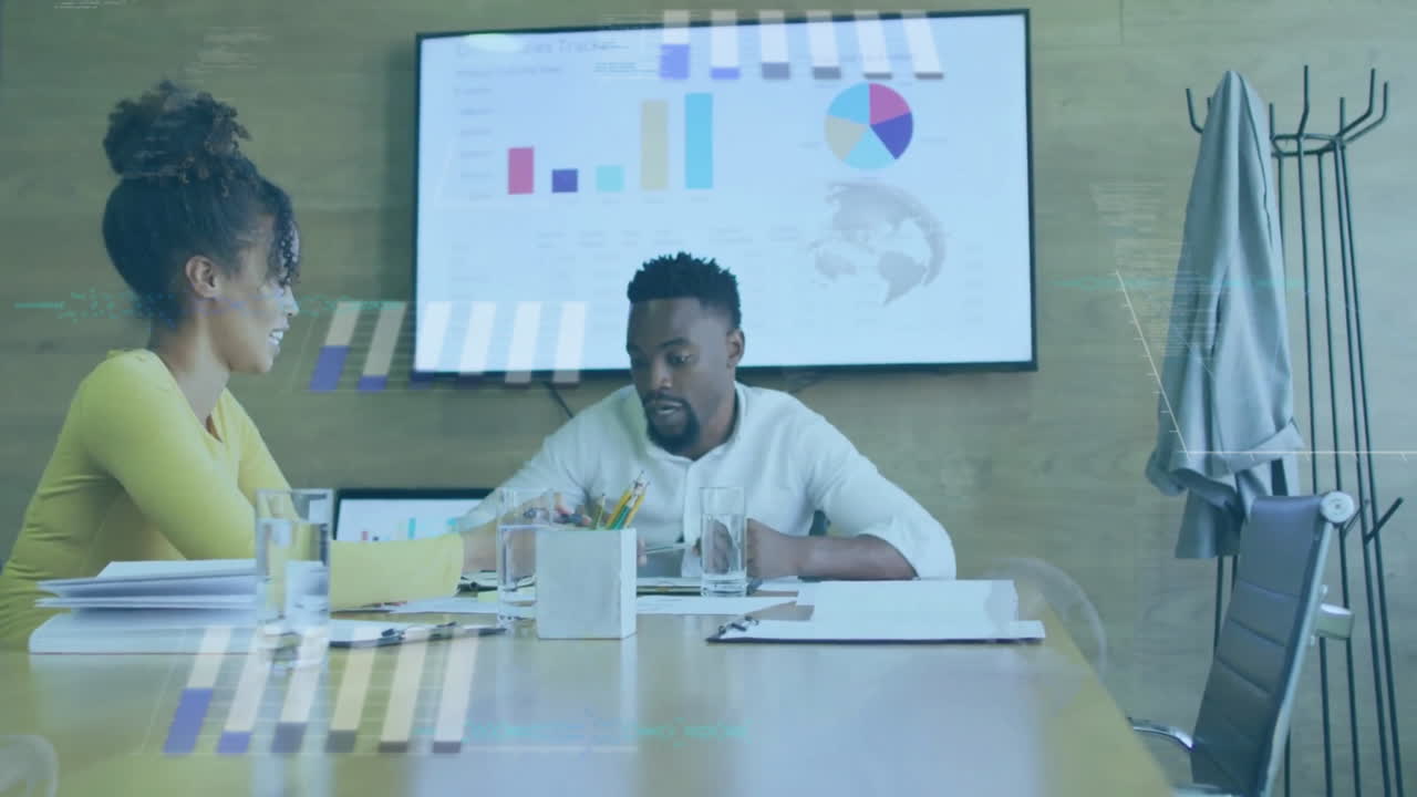 Animation of financial data processing over diverse business people in office