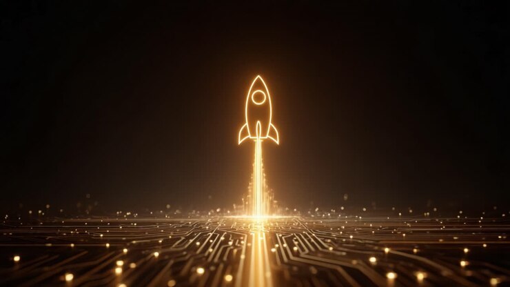 Neon rocket icon launching from a digital circuit board surface, representing business startup, innovation, and technological advancement with glowing golden particles and light trails