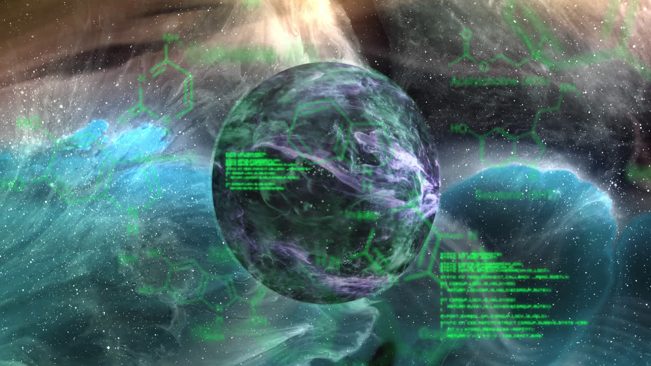 анимация химических формул над черной планетой над вселенной