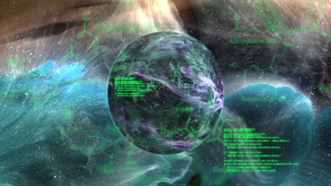 animación de fórmulas químicas sobre el planeta negro sobre el universo