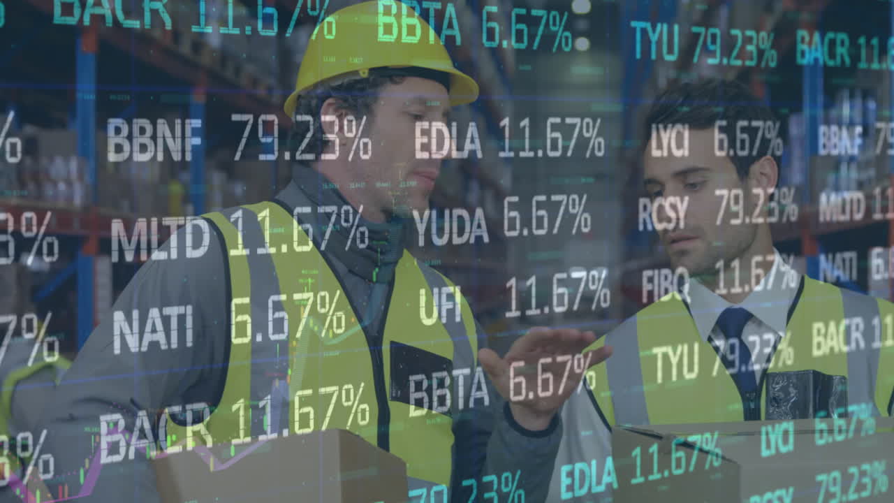 창고에서 일하는 사람들에 대한 금융 데이터 처리의 애니메이션