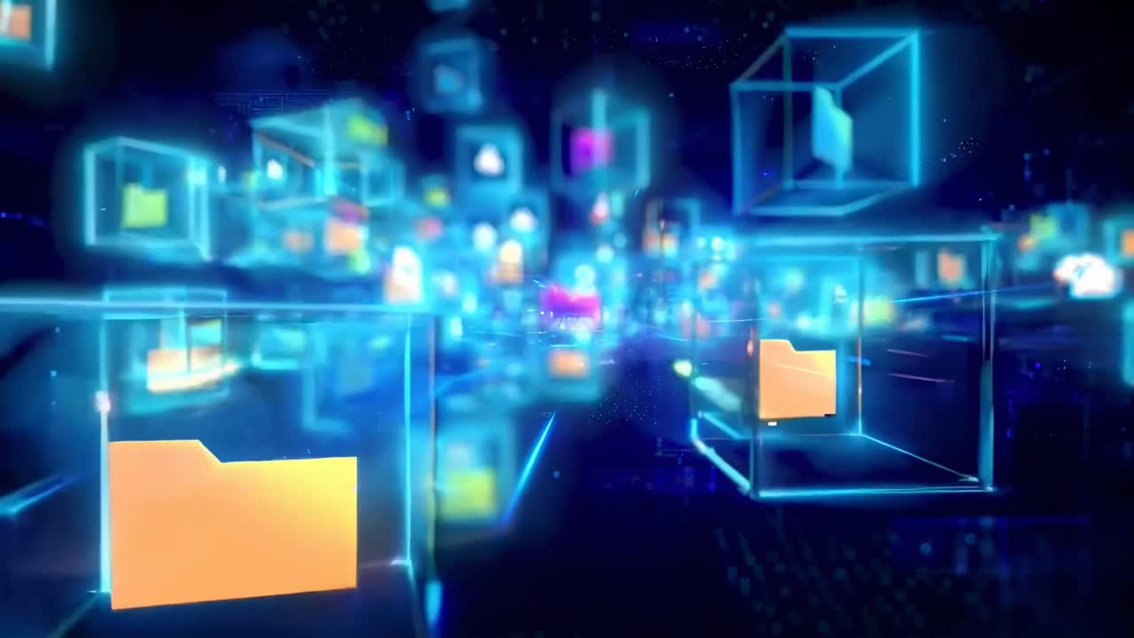 Concetto video futuristico con icone digitali fluttuanti, ripreso da un'angolazione dinamica