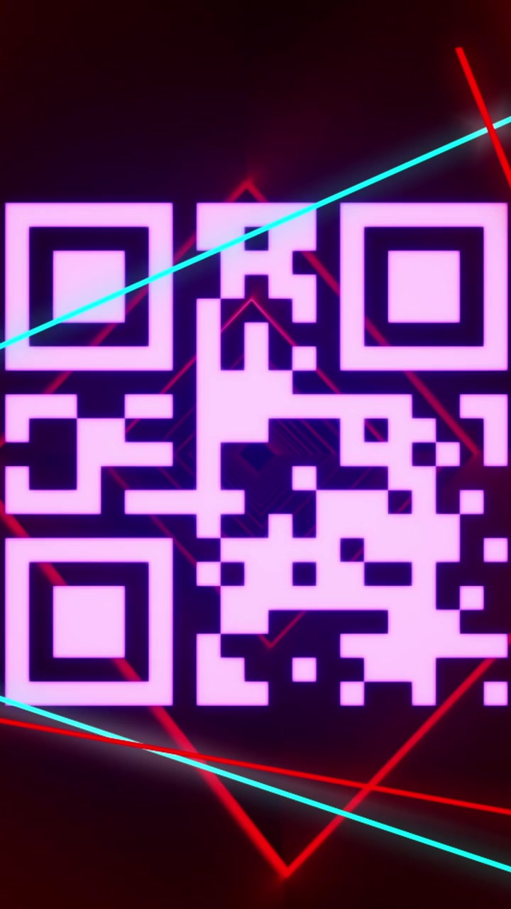 Animation of glowing qr code over neon geometric shapes