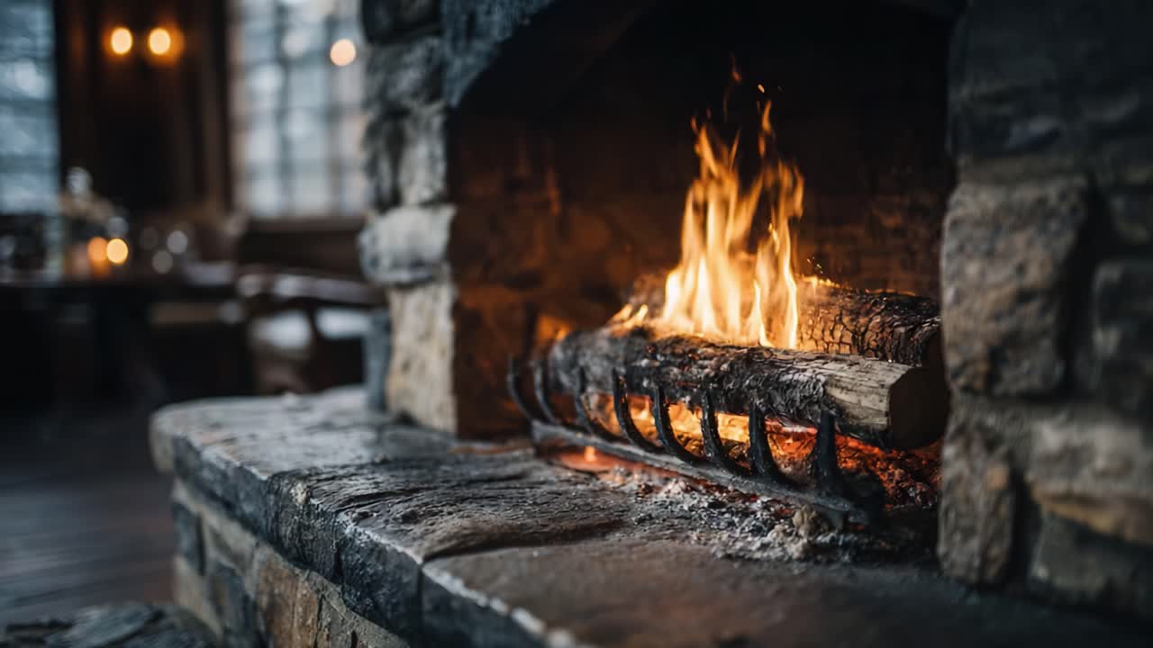 Cozy Ambiance: A Captivating Overhead View of a Flickering Fireplace with Flames Dancing Reflectively in a Warm, Rustic Setting for Ultimate Comfort and Relaxation