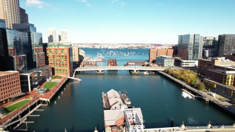 boston harbor where the boston tea party took place in 1773 - aerial parallax