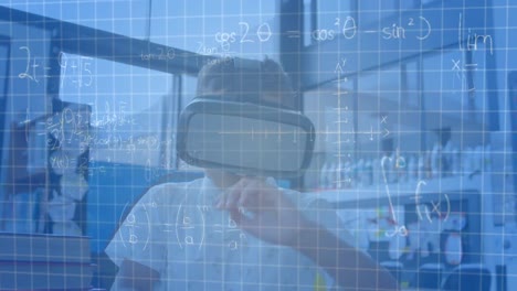 animation of mathematical equations over schoolboy wearing vr headset