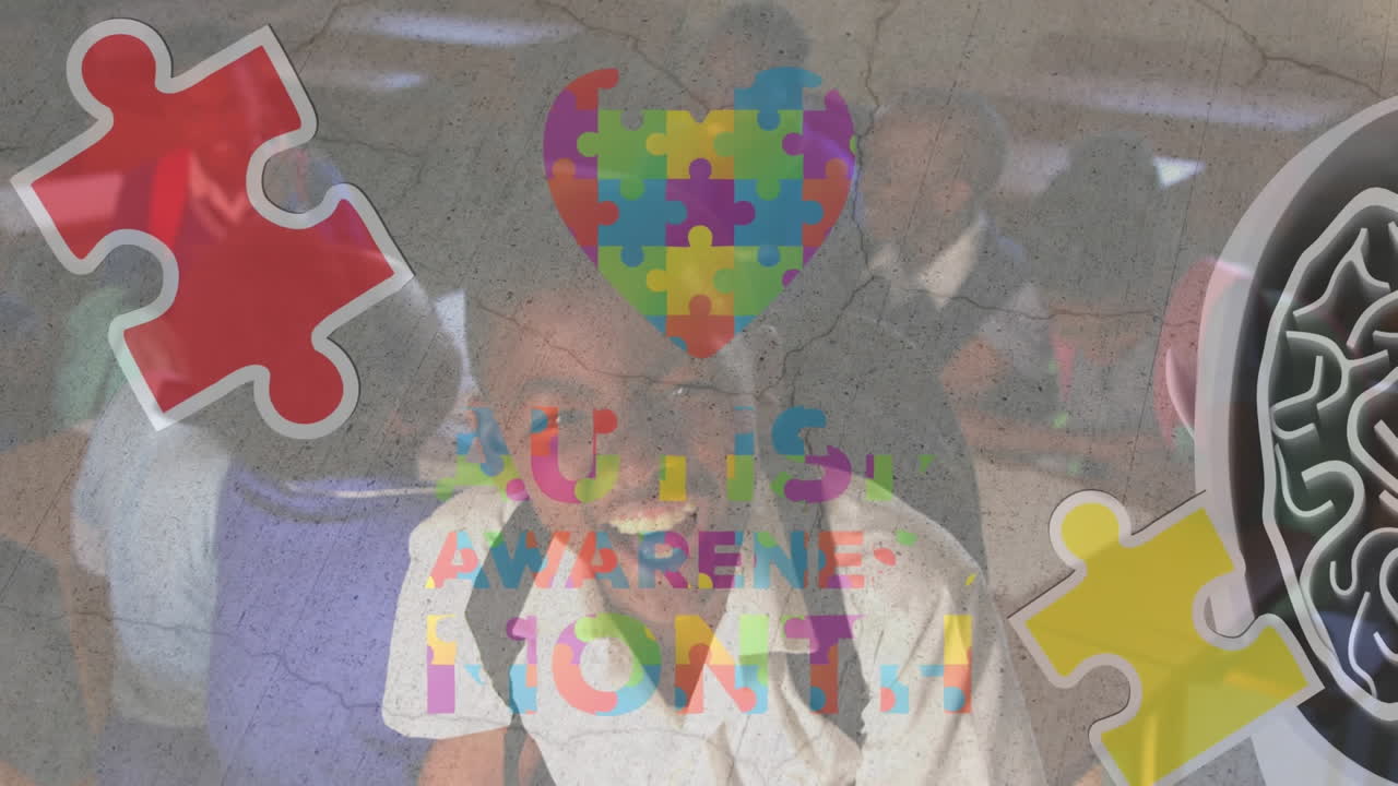 퍼즐 조각의 애니메이션과 다양한 학교 어린이에 대한 자폐증 인식 달 텍스트