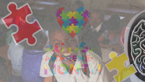animación de piezas de rompecabezas y texto del mes de concienciación sobre el autismo en diversos escolares