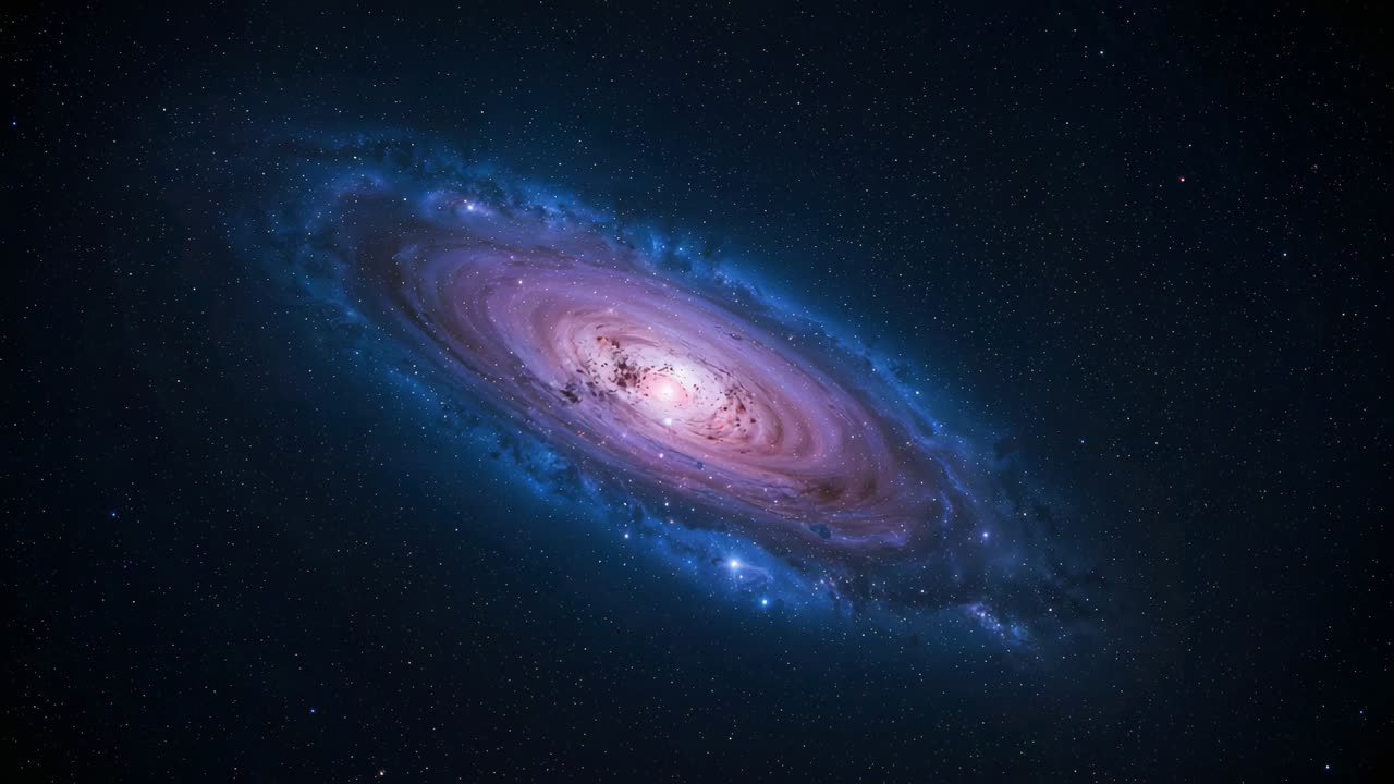 Rotating spiral galaxy showing core in space while camera zooming closer, exposing dust lanes, halo