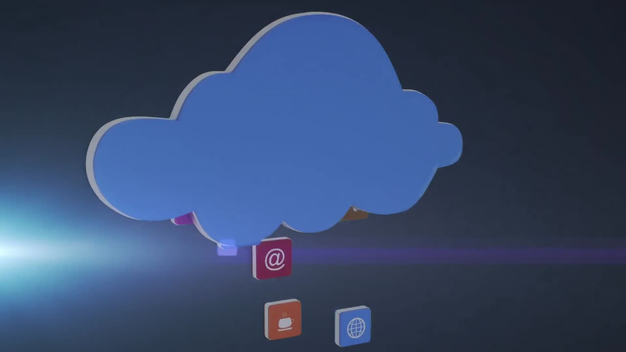 animación de una nube con iconos de interfaz coloridos que suben con luz brillante sobre un fondo azul