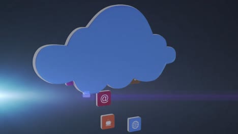 Animation-of-cloud-with-colourful-interface-icons-going-up-with-glowing-light-on-blue-background